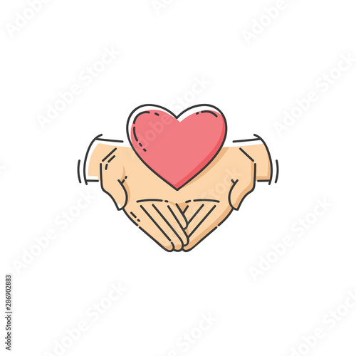 Flat charity icon - two hands holding a heart, love and support for good cause