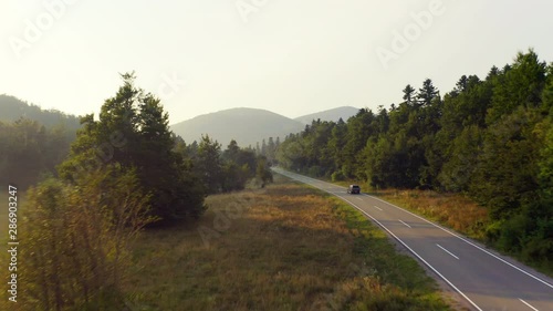 Aerial: Car driving down an asphalt road crossing the vast forest at sunset. People on relaxing drive through the idyllic woods in picturesque Croatian countryside. 4k resolution.
