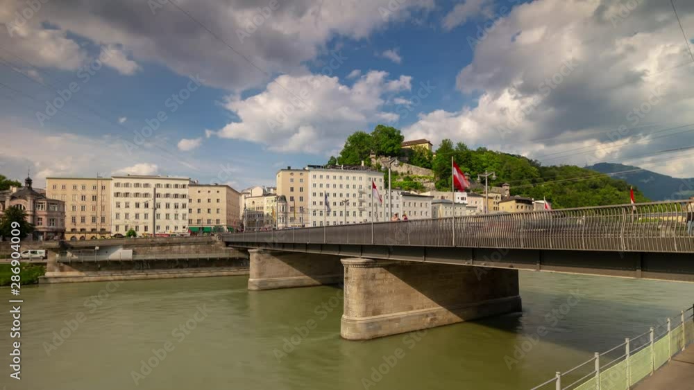 sunny day salzburg city center river traffic bridge panorama 4k timelapse austria sunny day salzburg city center river traffic bridge panorama 4k timelapse austria