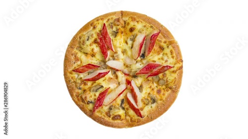 rotating,crab; stick; pizza; spinning, above,white; background;top view;red;seafood;cheese;italian;food;object;hot;isolated;  fresh; nobody; cuisine; fast food;baked;meal;meat;lunch;krab sticks;exotic