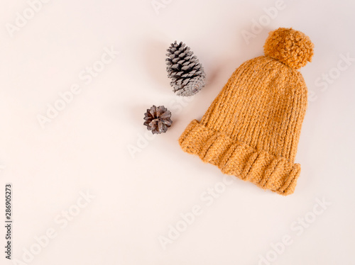 Woman's knitted hat with pom pom next to cones and chestnuts isolated on light beige background. Fall or autumn. Flat lay. Top view. Copy space