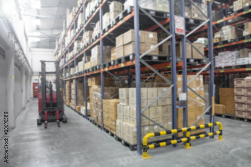Blur Warehouse inventory product stock for logistic background  Long shelves with a variety of boxes  Lights background 