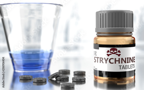 Strychnine as harmful, negative and damaging aspect of life, unhealthy poison to the soul that affects people mind and body, harms mental health, symbolized as a bad medicine, 3d illustration