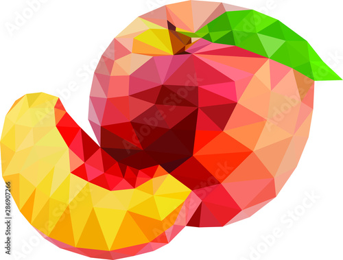low poly peach with slice, polygon peach on white background