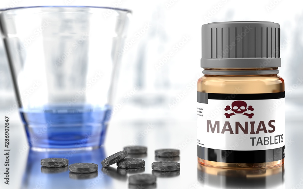 Manias as harmful, negative and damaging aspect of life, unhealthy poison to the soul that affects people mind and body, harms mental health, symbolized as a bad medicine, 3d illustration Manias as harmful, negative and damaging aspect of life, unhealthy poison to the soul that affects people mind and body, harms mental health, symbolized as a bad medicine, 3d illustration