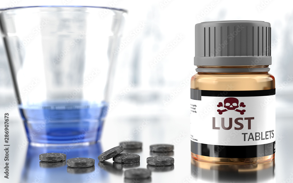 Lust as harmful, negative and damaging aspect of life, unhealthy poison to the soul that affects people mind and body, harms mental health, symbolized as a bad medicine, 3d illustration