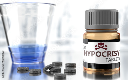 Hypocrisy as harmful, negative and damaging aspect of life, unhealthy poison to the soul that affects people mind and body, harms mental health, symbolized as a bad medicine, 3d illustration