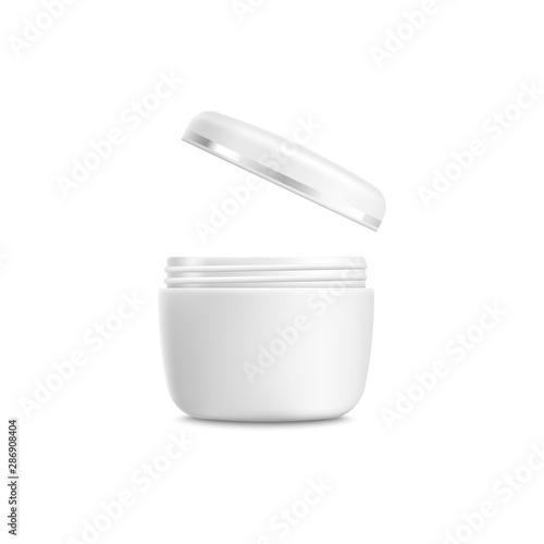 Cosmetic jar mockup with flying lid - realistic open plastic container of beauty product