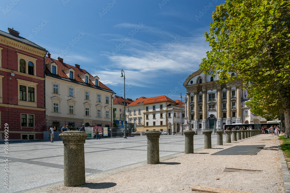 Ljubljana, Slovenia - August 15, 2019: Congress Square and the Ursulin Church of the Holy Trinity in Ljubljana