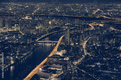 Canvas Print Duotone aerial view of night Tokyo panorama with skyscrapers, Sumida river and i