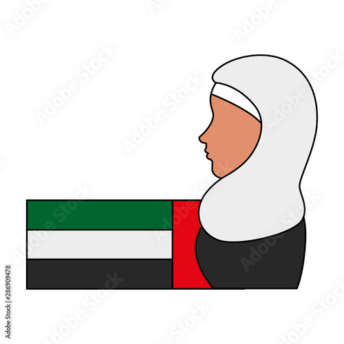 profile of islamic woman with traditional burka and arabia flag