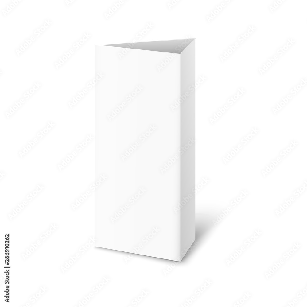 Realistic standing paper brochure mockup - isolated triangle trifold stand for restaurant table Realistic standing paper brochure mockup - isolated triangle trifold stand for restaurant table