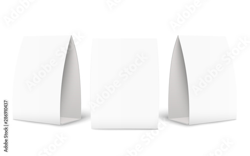 Paper tent card brochure mockup set in three different angles.