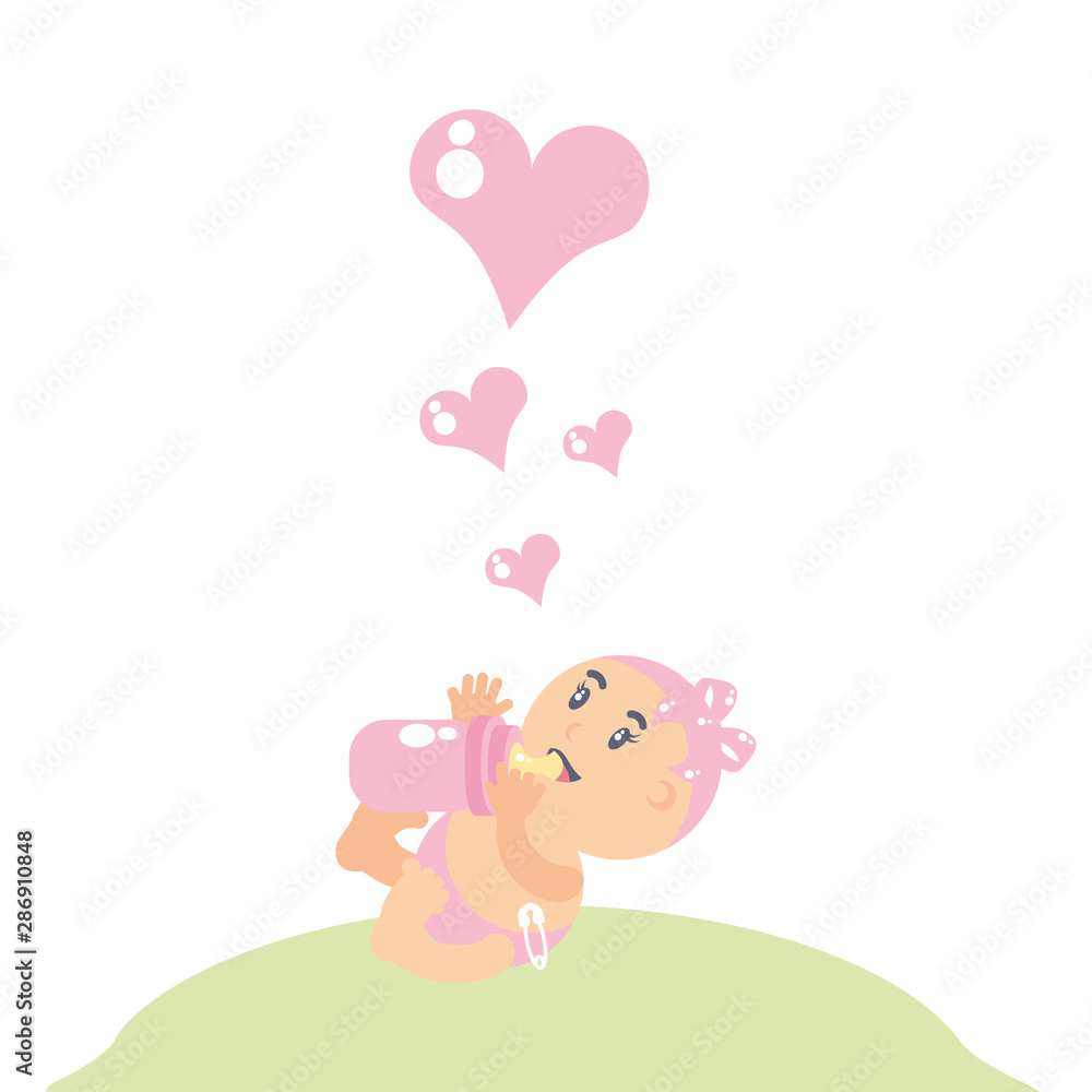 cute baby girl with bottle milk and hearts love cute baby girl with bottle milk and hearts love