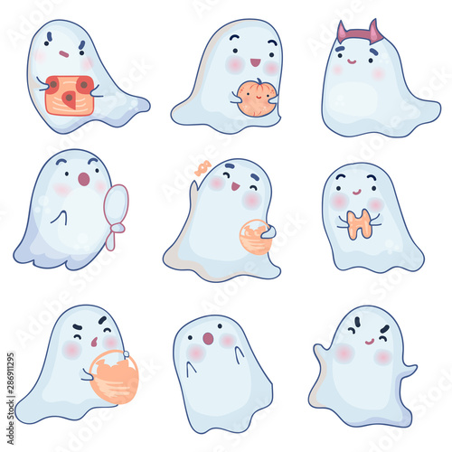 Set of cute ghosts on a white background. Kawaii Ghost with Halloween pumpkin.