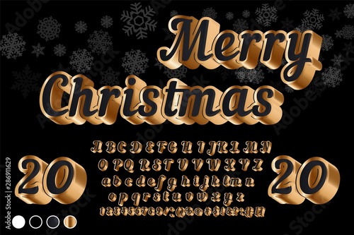 Merry Christmas Font. Chic Alphabet Letters, Numbers and Symbols. Vector luxury Grand Show poster with Gold Font. 3D premium Alphabet Letters, Numbers and Symbols