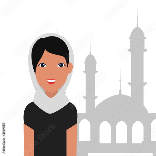 islamic woman with traditional burka and mosque building