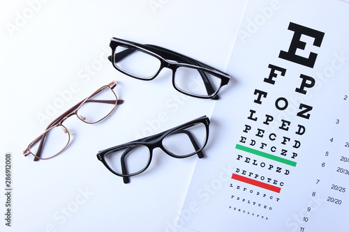 Several types of glasses and a table for checking eyesight on a colored background top view. Vision correction.