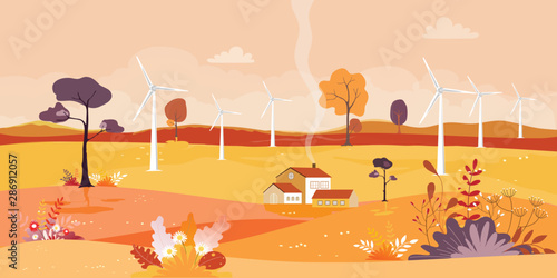 Panorama of autumn landscape in sunny day, Vector Autumn landscape with Beautiful view of countryside with farm field with windmill and farm house on mountains in yellow and orange foliage.