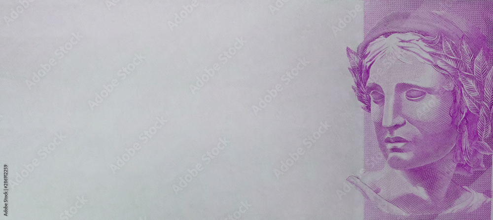 Head of the Republic in colors.Background of Brazilian money note. Economy concept image. Fragment banknotes of the Brazilian Real close-up