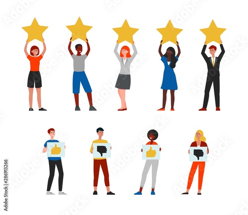 Rating five stars, people hold stars above their heads, thumbs up and down.