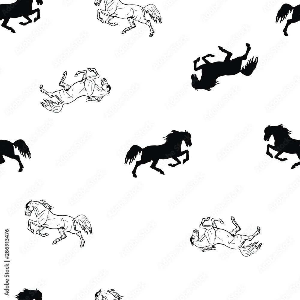 vector seamless monochrome halophilic horse background, ink drawing, silhouettes and contours, and white color background 