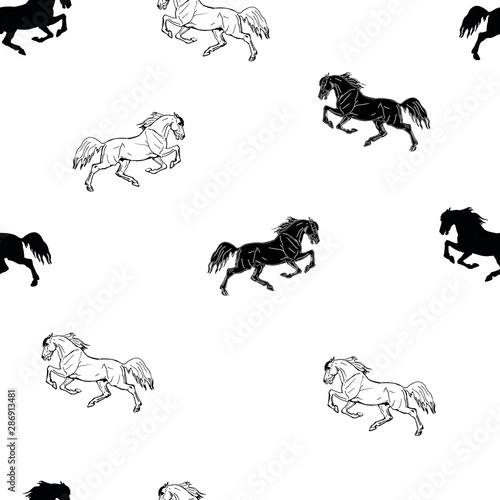  seamless monochrome halophilic horse background, ink drawing, silhouettes and contours, and white color background 