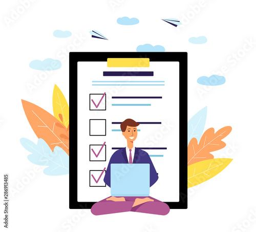 A man sits at a laptop in a yoga pose next to the questionnaire.