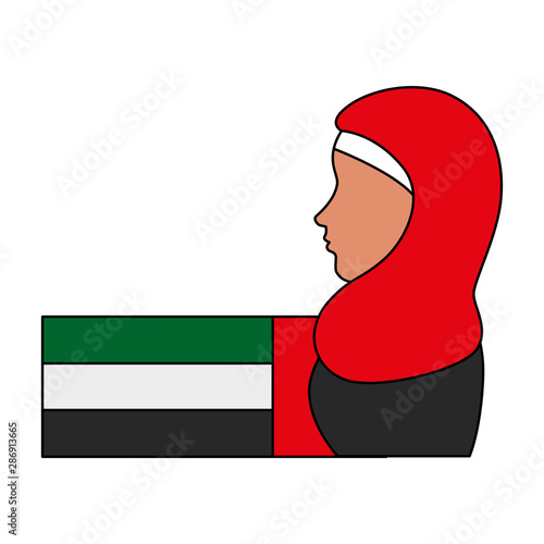 profile of islamic woman with traditional burka and arabia flag