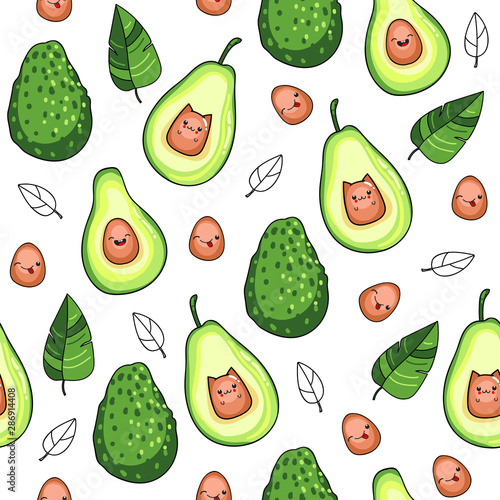 Vector seamless pattern with avocado fruit on a white background, kawaii style