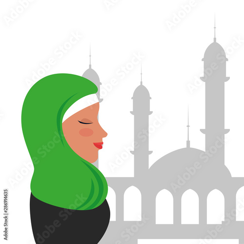 profile of islamic woman with traditional burka in mosque