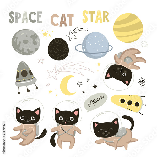 Set of elements with cute cats astronauts in helmets, lettering and planets for fabric, scrapbooking, wrapping, wallpaper, kids design, textile and other