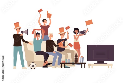 Cartoon people friend group watching football sport game in fan gear