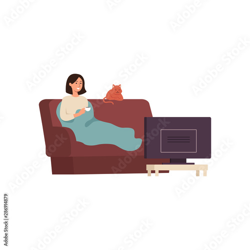 Young lonely woman watching TV with her cat flat cartoon vector illustration.