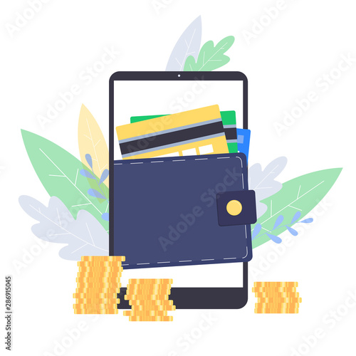 Digital mobile wallet concept with phone screen flat vector illustration isolated.