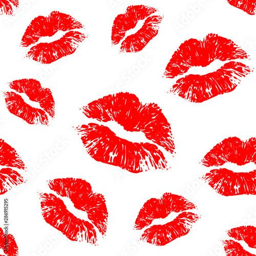 Vector red seamless pattern on white background. Lips prints