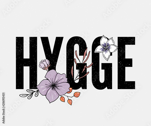 Hygge Slogan. Hand lettering on dark blue background on theme of hygge lifestyle. Danish happiness. Vector illustration