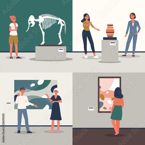 Set of people at museum or art gallery flat vector illustration isolated.