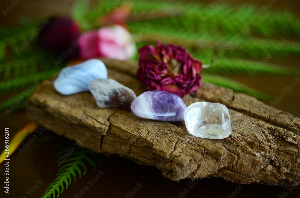 Set of 4: Lithium Quartz, Chevron Amethyst, Clear Quartz and Blue Lace Agate. Witches tumbled crystal bundle! Tumbled healing crystals set. Collection of a variety of crystals, boho decor. Set of 4: Lithium Quartz, Chevron Amethyst, Clear Quartz and Blue Lace Agate. Witches tumbled crystal bundle! Tumbled healing crystals set. Collection of a variety of crystals, boho decor.