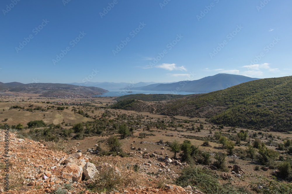 View over the landscape to lake Prespa in Albania View over the landscape to lake Prespa in Albania