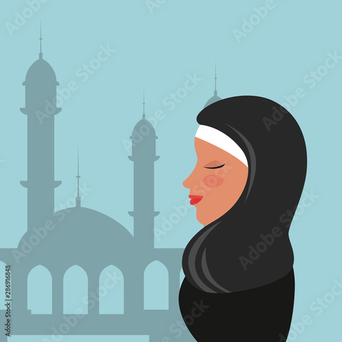 profile of islamic woman with traditional burka in mosque