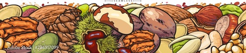 Mixed nuts seamless line banner - colorful nut assortment in hand drawn cartoon style