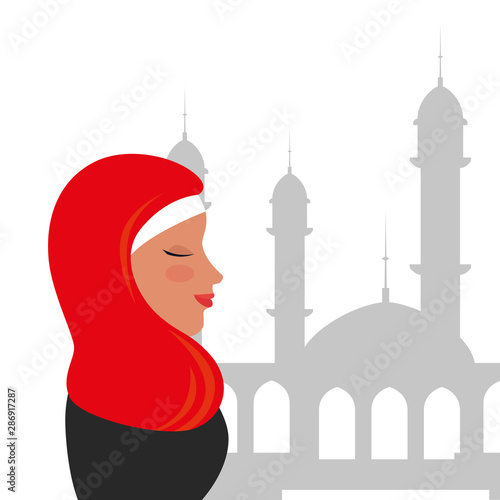 profile of islamic woman with traditional burka in mosque