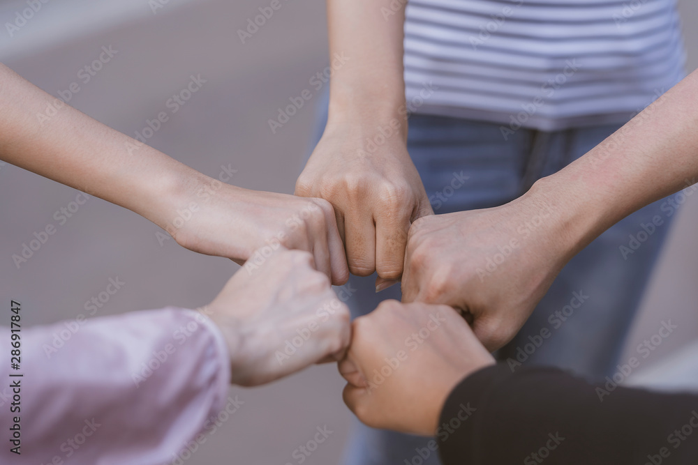 Group of diversity people volunteer do gestures fist bump together circle after meeting deal successful. startup, friendship, unity and cooperation Concept