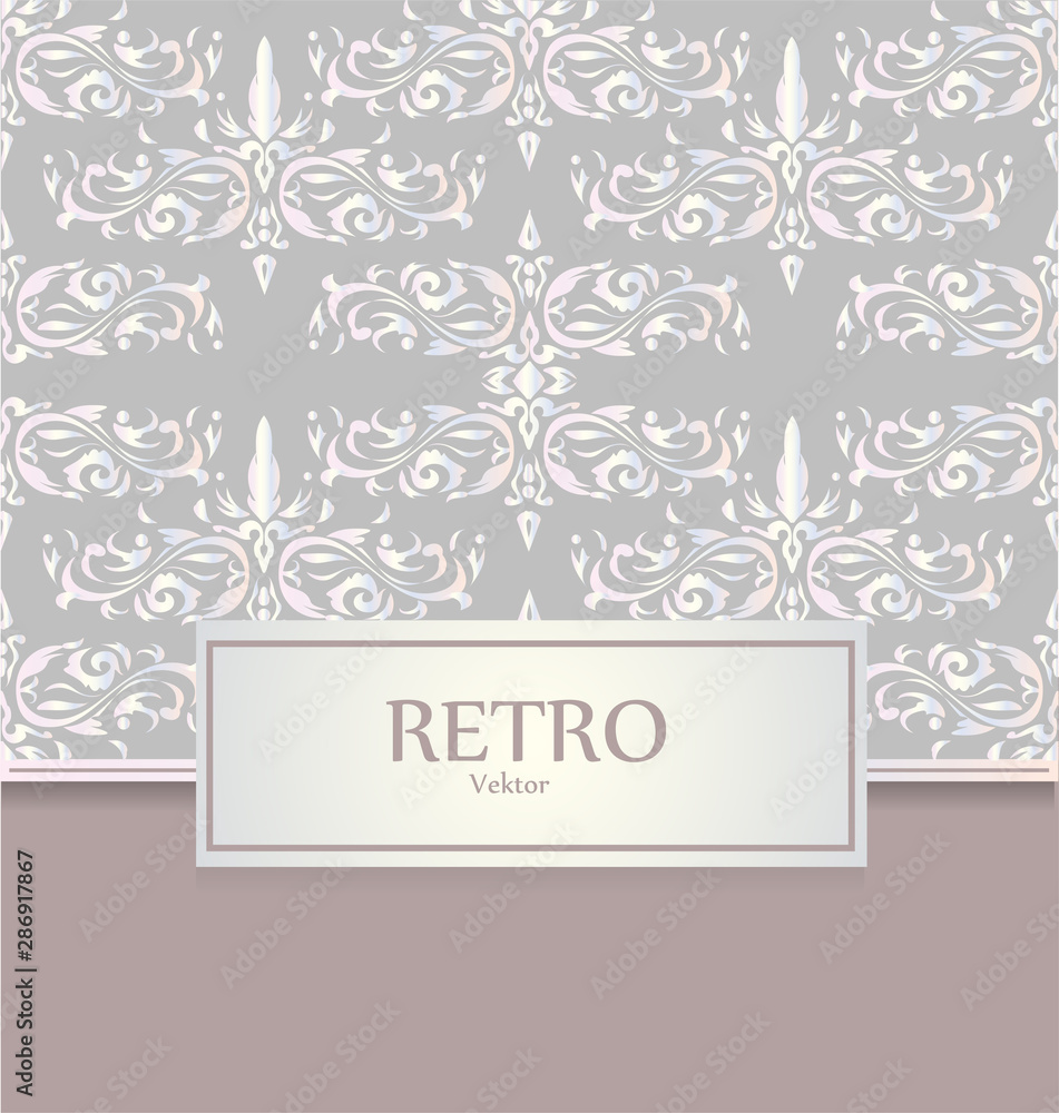 Vintage invitation with classical pattern. Silver, beige and gray color