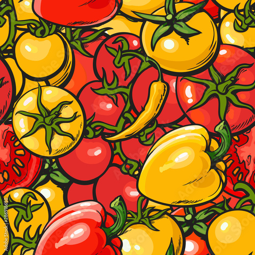 Seamless vegetables pattern with red and yellow tomato and pepper vector illustration.