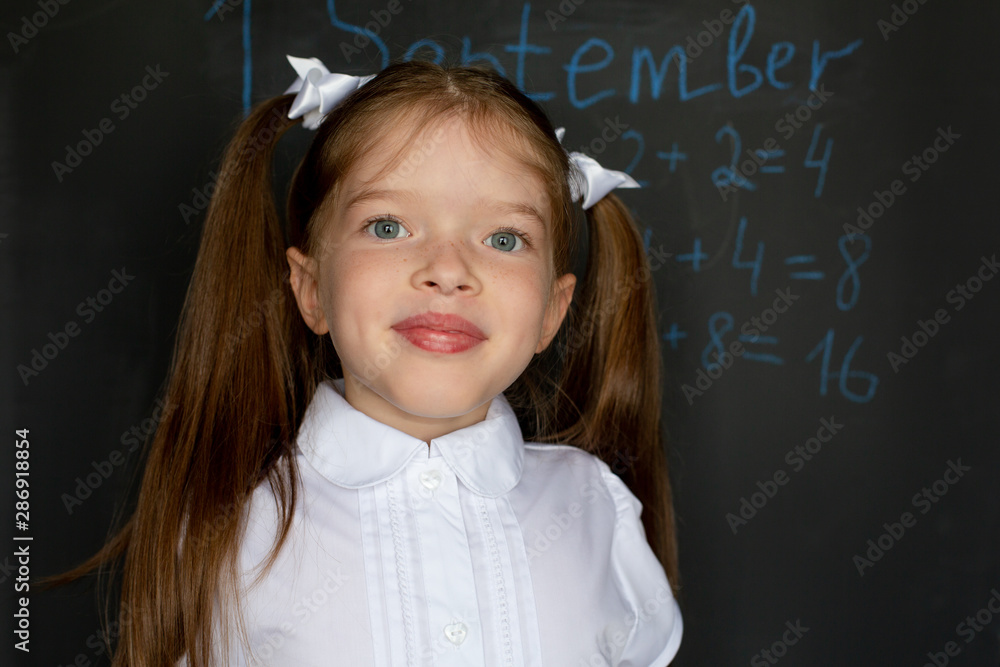 little smiling girl in school uniform stands at the blackboard, Concept September 1 and back to school little smiling girl in school uniform stands at the blackboard, Concept September 1 and back to school