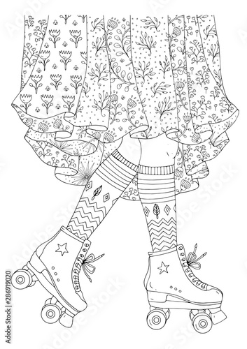 Vector hand drawn legs of a young girl in a long skirt with floral print skates in retro roller skates. Old school style 70s. Ornamental Coloring page for adults. Design card, print t-shirts, textile