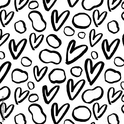 Black and white pattern with hand drawn hearts and shapes.Perfect design for posters, cards, textile, web pages.Valentine's day.