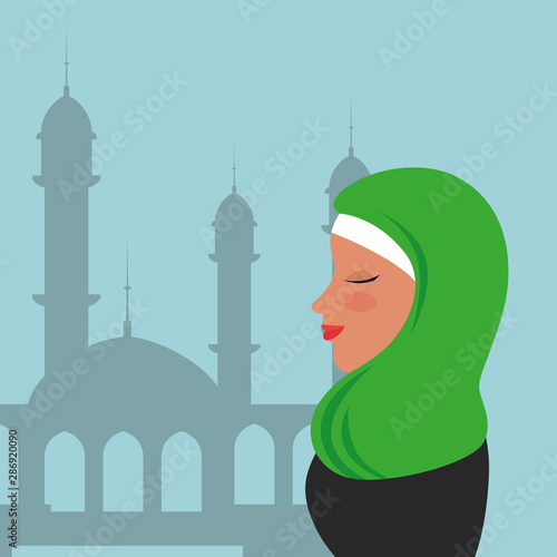 profile of islamic woman with traditional burka in mosque